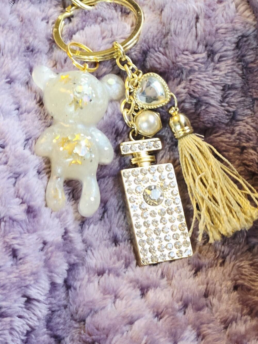 Gold Charm Keychain with White Iridescent Bear and Crystal Perfume Bottle